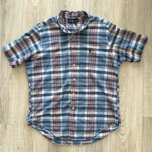 Ralph Lauren Classic Fit Short Sleeve Button Shirt Blue Red Plaid Mens L